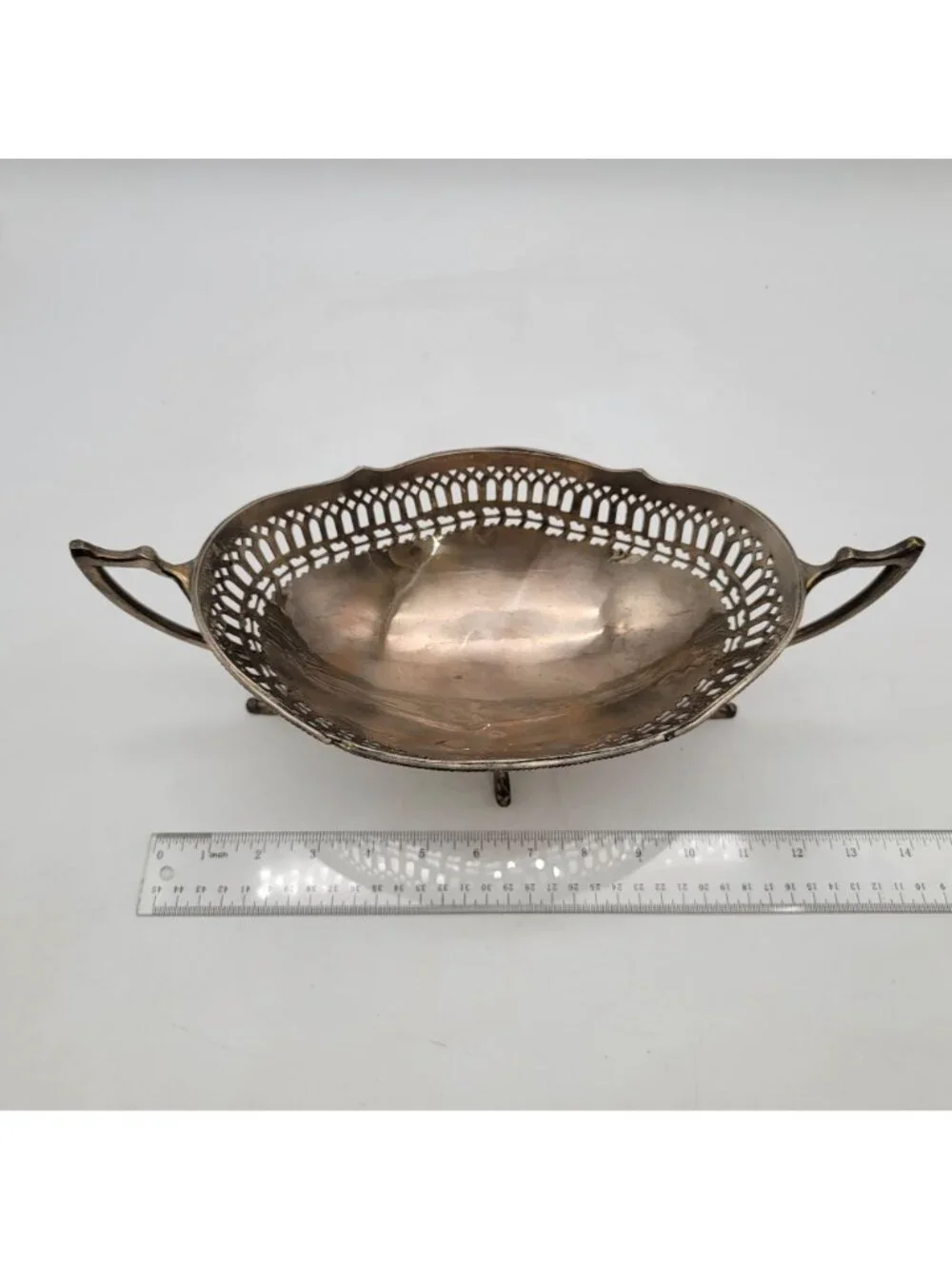 Antique Silver-Plated Reticulated Cake Basket With Scalloped Edges & Ornate Hand